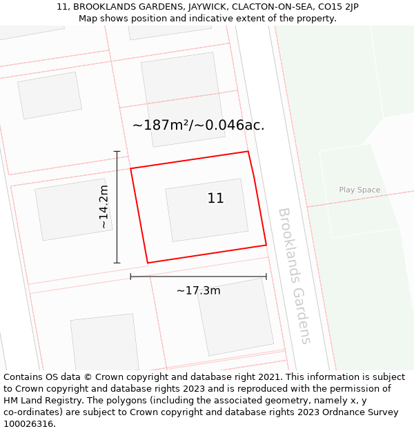 11, BROOKLANDS GARDENS, JAYWICK, CLACTON-ON-SEA, CO15 2JP: Plot and title map