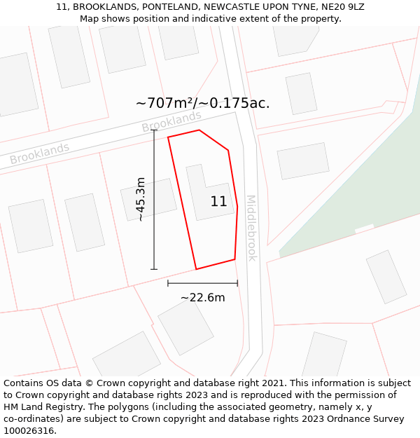 11, BROOKLANDS, PONTELAND, NEWCASTLE UPON TYNE, NE20 9LZ: Plot and title map