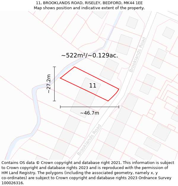 11, BROOKLANDS ROAD, RISELEY, BEDFORD, MK44 1EE: Plot and title map