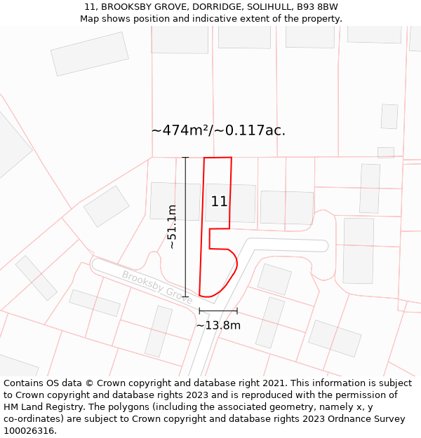 11, BROOKSBY GROVE, DORRIDGE, SOLIHULL, B93 8BW: Plot and title map