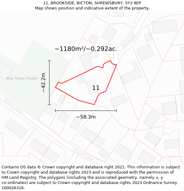 11, BROOKSIDE, BICTON, SHREWSBURY, SY3 8EP: Plot and title map