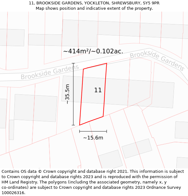 11, BROOKSIDE GARDENS, YOCKLETON, SHREWSBURY, SY5 9PR: Plot and title map