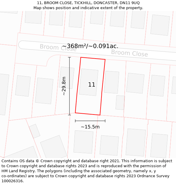 11, BROOM CLOSE, TICKHILL, DONCASTER, DN11 9UQ: Plot and title map