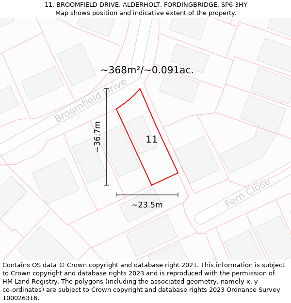 11, BROOMFIELD DRIVE, ALDERHOLT, FORDINGBRIDGE, SP6 3HY: Plot and title map