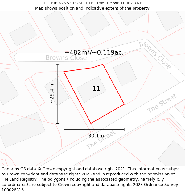 11, BROWNS CLOSE, HITCHAM, IPSWICH, IP7 7NP: Plot and title map