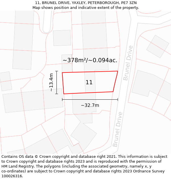 11, BRUNEL DRIVE, YAXLEY, PETERBOROUGH, PE7 3ZN: Plot and title map