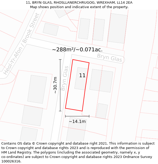 11, BRYN GLAS, RHOSLLANERCHRUGOG, WREXHAM, LL14 2EA: Plot and title map