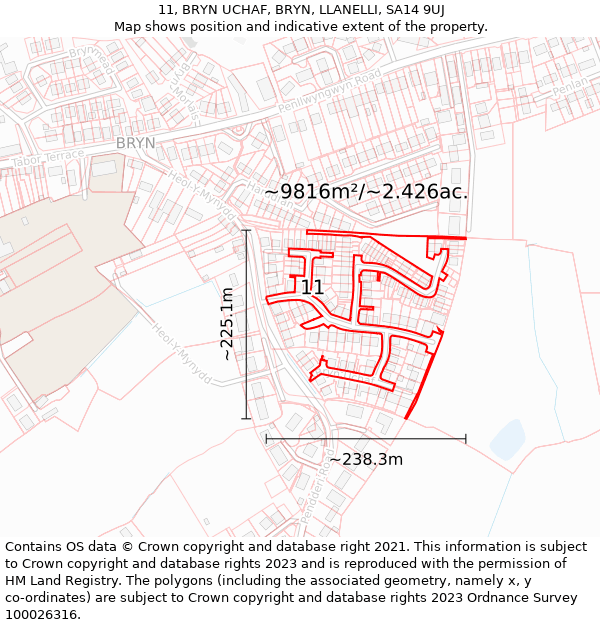 11, BRYN UCHAF, BRYN, LLANELLI, SA14 9UJ: Plot and title map