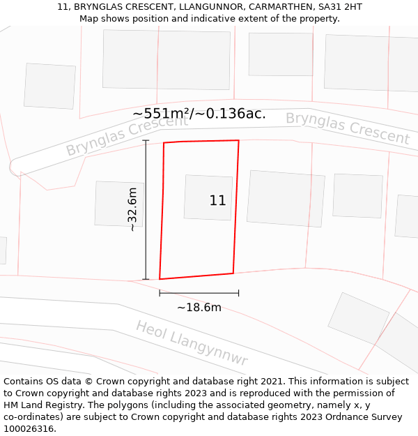 11, BRYNGLAS CRESCENT, LLANGUNNOR, CARMARTHEN, SA31 2HT: Plot and title map