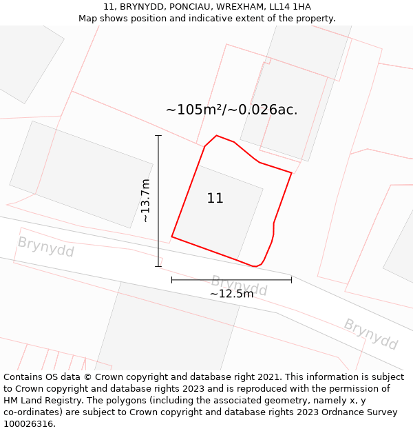 11, BRYNYDD, PONCIAU, WREXHAM, LL14 1HA: Plot and title map