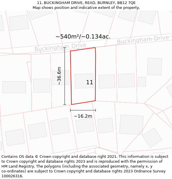 11, BUCKINGHAM DRIVE, READ, BURNLEY, BB12 7QE: Plot and title map