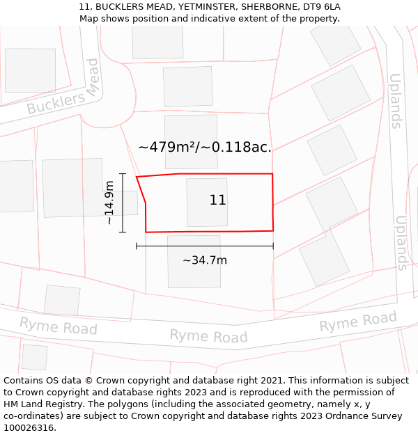 11, BUCKLERS MEAD, YETMINSTER, SHERBORNE, DT9 6LA: Plot and title map