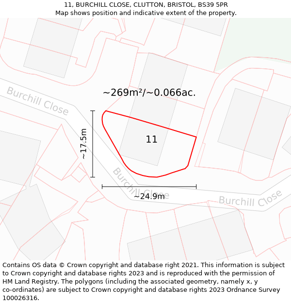 11, BURCHILL CLOSE, CLUTTON, BRISTOL, BS39 5PR: Plot and title map