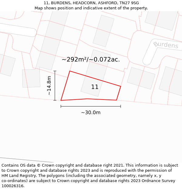 11, BURDENS, HEADCORN, ASHFORD, TN27 9SG: Plot and title map