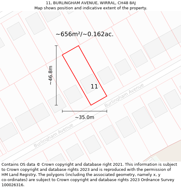 11, BURLINGHAM AVENUE, WIRRAL, CH48 8AJ: Plot and title map