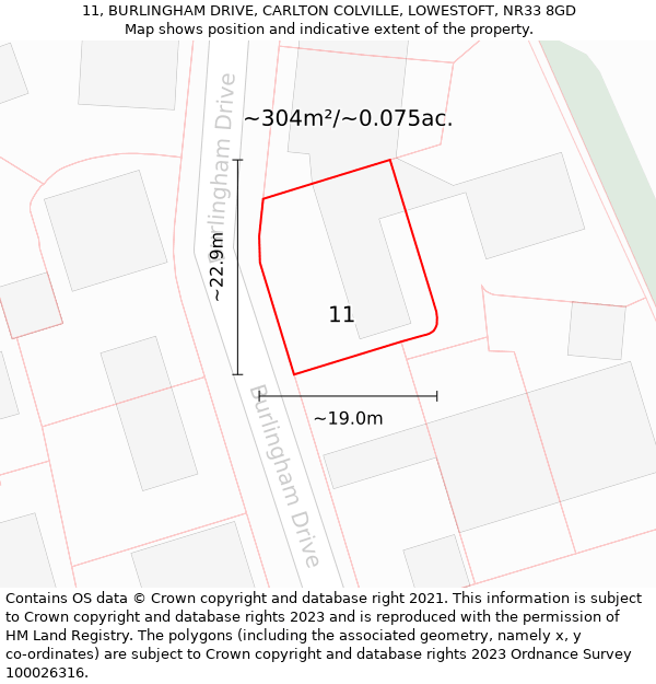 11, BURLINGHAM DRIVE, CARLTON COLVILLE, LOWESTOFT, NR33 8GD: Plot and title map