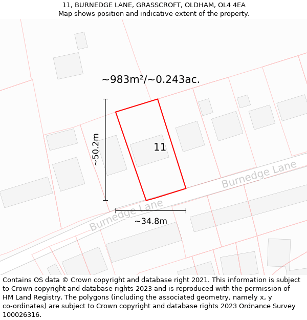 11, BURNEDGE LANE, GRASSCROFT, OLDHAM, OL4 4EA: Plot and title map