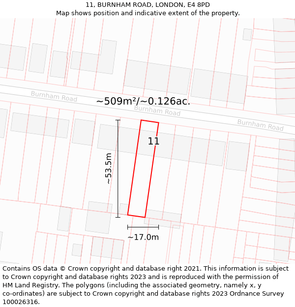 11, BURNHAM ROAD, LONDON, E4 8PD: Plot and title map