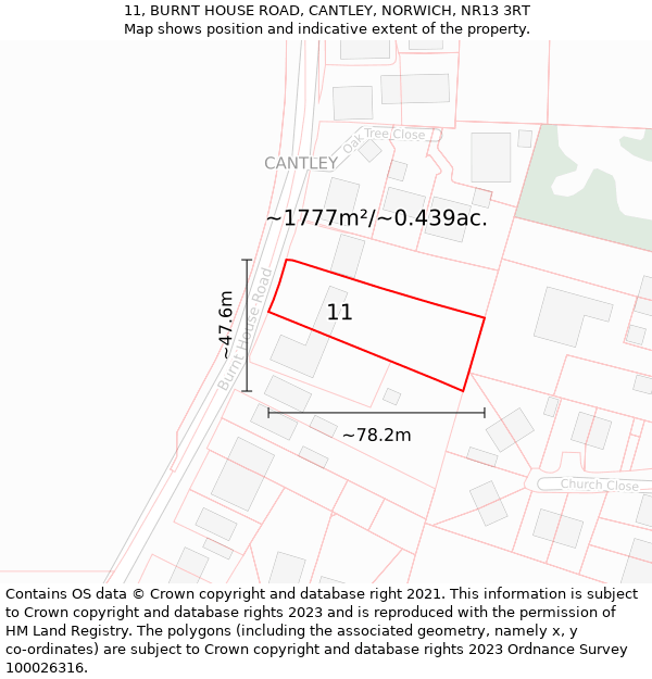 11, BURNT HOUSE ROAD, CANTLEY, NORWICH, NR13 3RT: Plot and title map