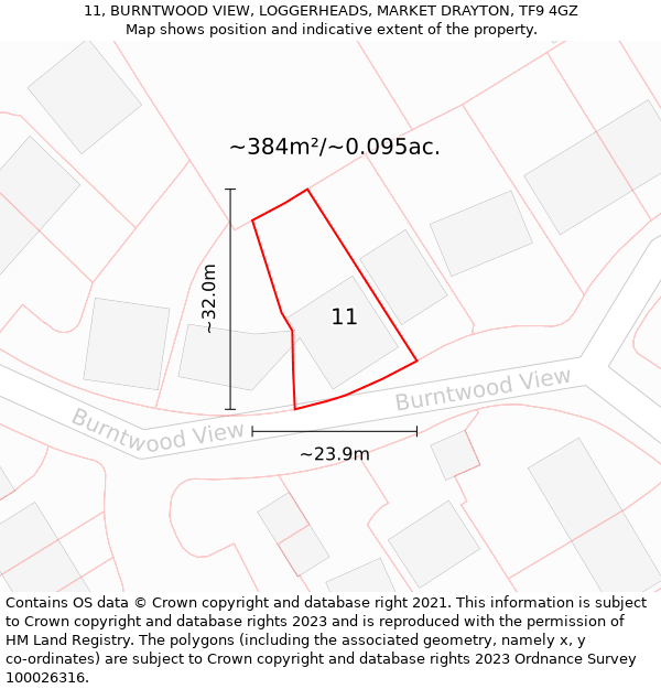 11, BURNTWOOD VIEW, LOGGERHEADS, MARKET DRAYTON, TF9 4GZ: Plot and title map