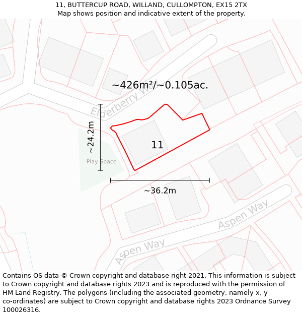 11, BUTTERCUP ROAD, WILLAND, CULLOMPTON, EX15 2TX: Plot and title map