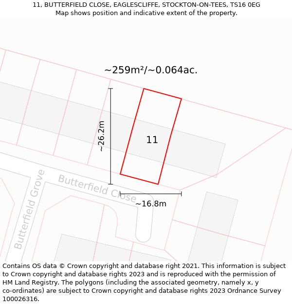 11, BUTTERFIELD CLOSE, EAGLESCLIFFE, STOCKTON-ON-TEES, TS16 0EG: Plot and title map