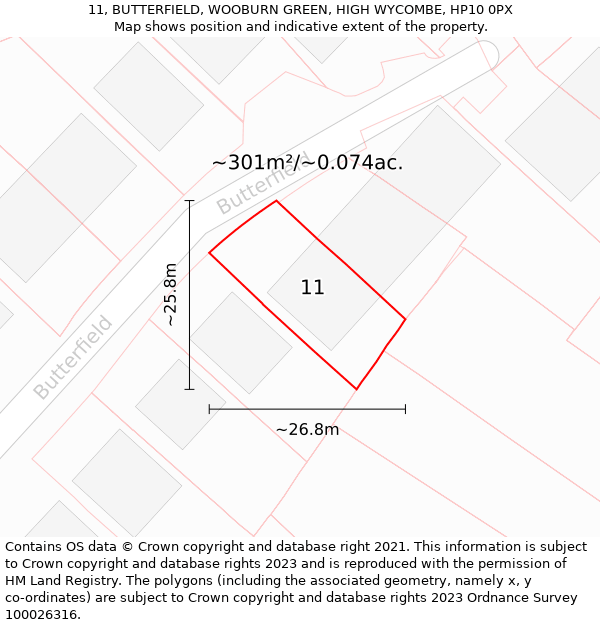 11, BUTTERFIELD, WOOBURN GREEN, HIGH WYCOMBE, HP10 0PX: Plot and title map