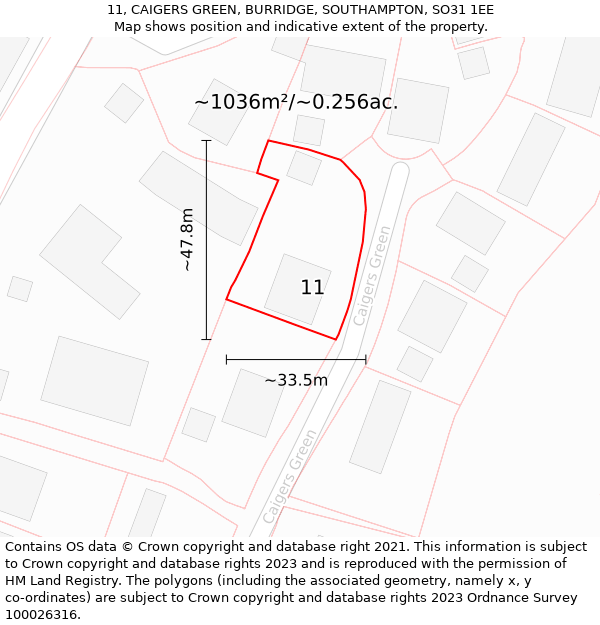 11, CAIGERS GREEN, BURRIDGE, SOUTHAMPTON, SO31 1EE: Plot and title map