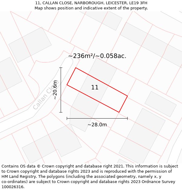 11, CALLAN CLOSE, NARBOROUGH, LEICESTER, LE19 3FH: Plot and title map