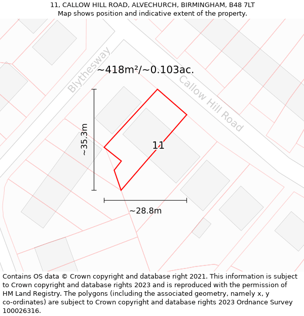 11, CALLOW HILL ROAD, ALVECHURCH, BIRMINGHAM, B48 7LT: Plot and title map