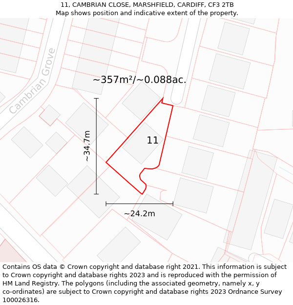 11, CAMBRIAN CLOSE, MARSHFIELD, CARDIFF, CF3 2TB: Plot and title map