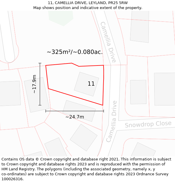 11, CAMELLIA DRIVE, LEYLAND, PR25 5RW: Plot and title map