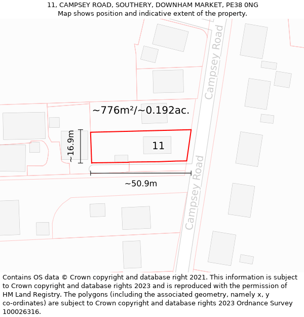 11, CAMPSEY ROAD, SOUTHERY, DOWNHAM MARKET, PE38 0NG: Plot and title map