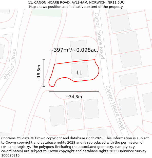 11, CANON HOARE ROAD, AYLSHAM, NORWICH, NR11 6UU: Plot and title map