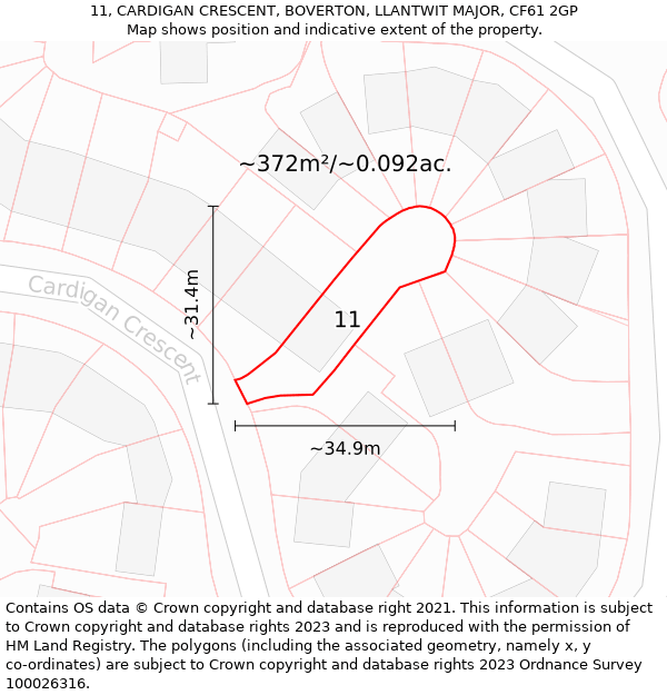 11, CARDIGAN CRESCENT, BOVERTON, LLANTWIT MAJOR, CF61 2GP: Plot and title map