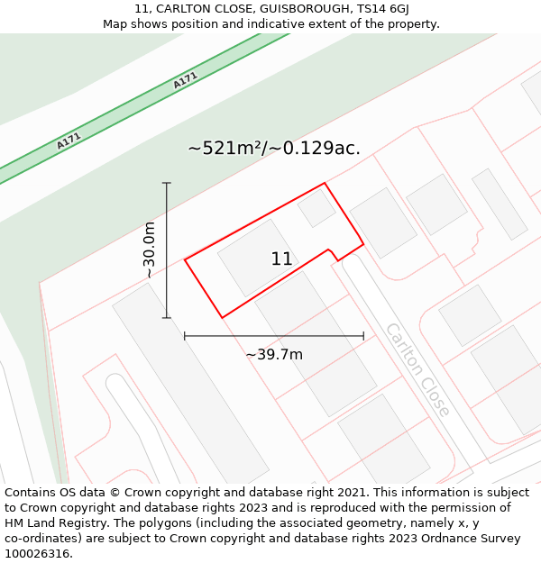 11, CARLTON CLOSE, GUISBOROUGH, TS14 6GJ: Plot and title map