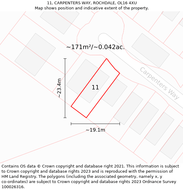 11, CARPENTERS WAY, ROCHDALE, OL16 4XU: Plot and title map