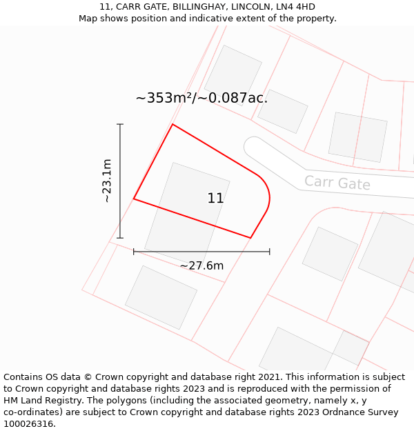 11, CARR GATE, BILLINGHAY, LINCOLN, LN4 4HD: Plot and title map