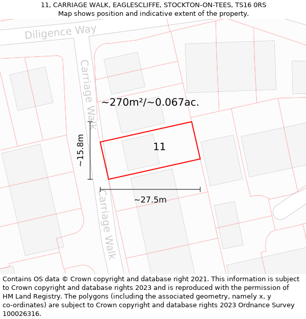 11, CARRIAGE WALK, EAGLESCLIFFE, STOCKTON-ON-TEES, TS16 0RS: Plot and title map