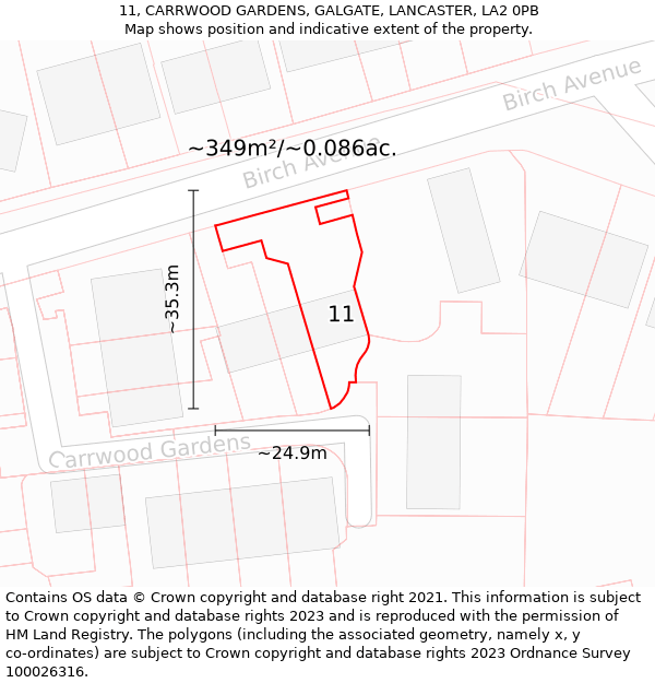 11, CARRWOOD GARDENS, GALGATE, LANCASTER, LA2 0PB: Plot and title map