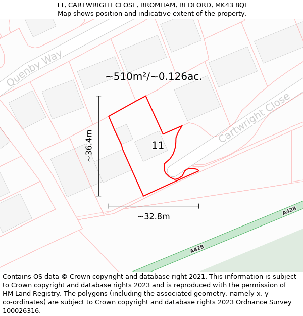 11, CARTWRIGHT CLOSE, BROMHAM, BEDFORD, MK43 8QF: Plot and title map