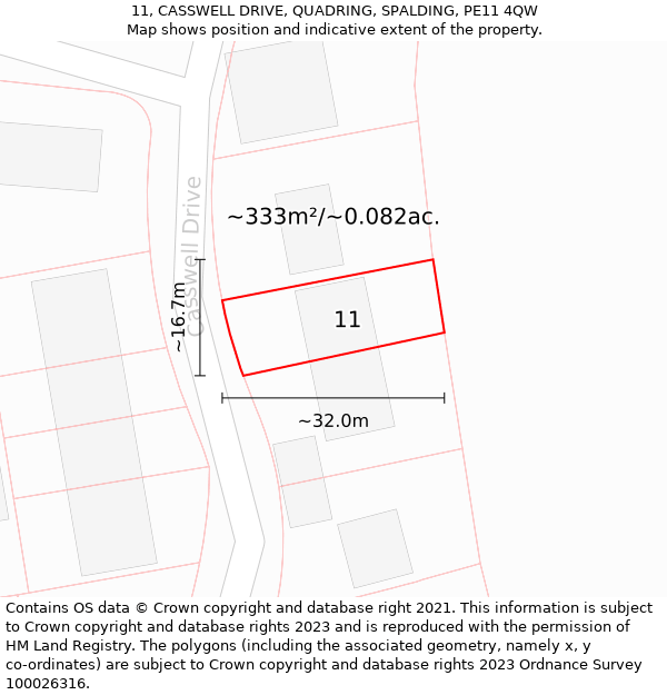 11, CASSWELL DRIVE, QUADRING, SPALDING, PE11 4QW: Plot and title map