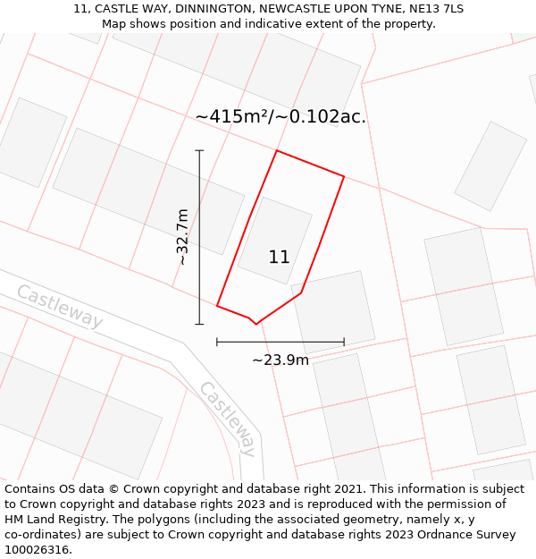 11, CASTLE WAY, DINNINGTON, NEWCASTLE UPON TYNE, NE13 7LS: Plot and title map