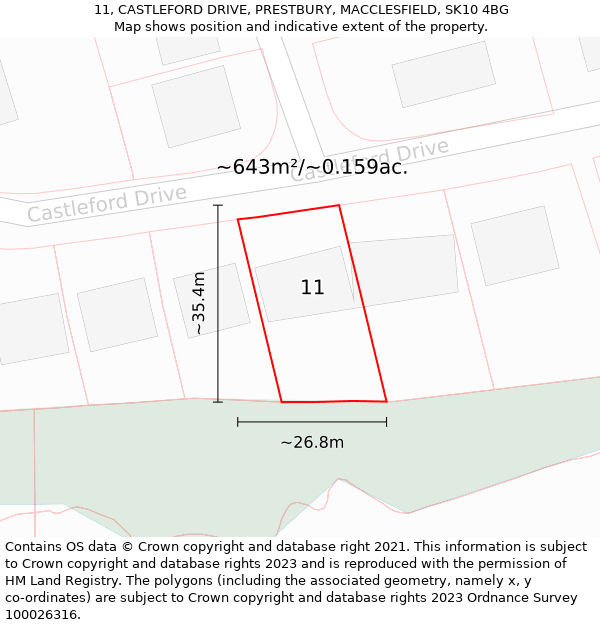 11, CASTLEFORD DRIVE, PRESTBURY, MACCLESFIELD, SK10 4BG: Plot and title map