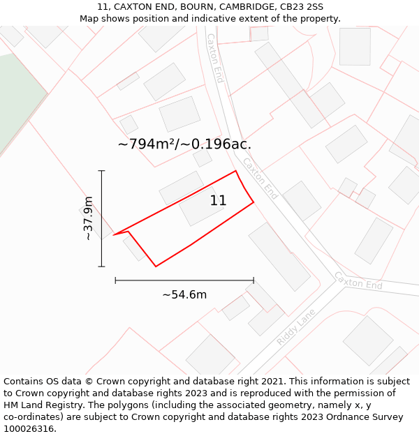 11, CAXTON END, BOURN, CAMBRIDGE, CB23 2SS: Plot and title map