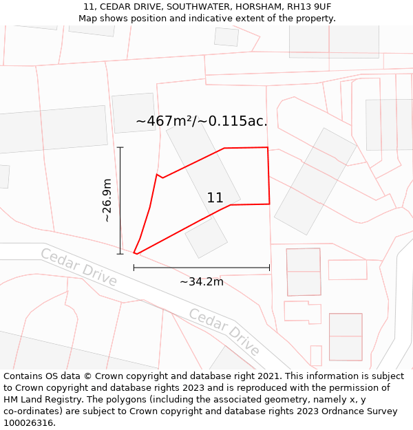 11, CEDAR DRIVE, SOUTHWATER, HORSHAM, RH13 9UF: Plot and title map