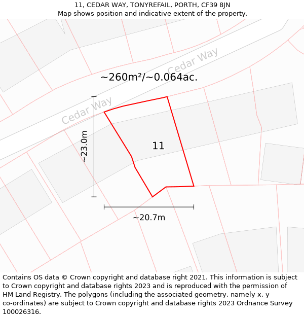 11, CEDAR WAY, TONYREFAIL, PORTH, CF39 8JN: Plot and title map