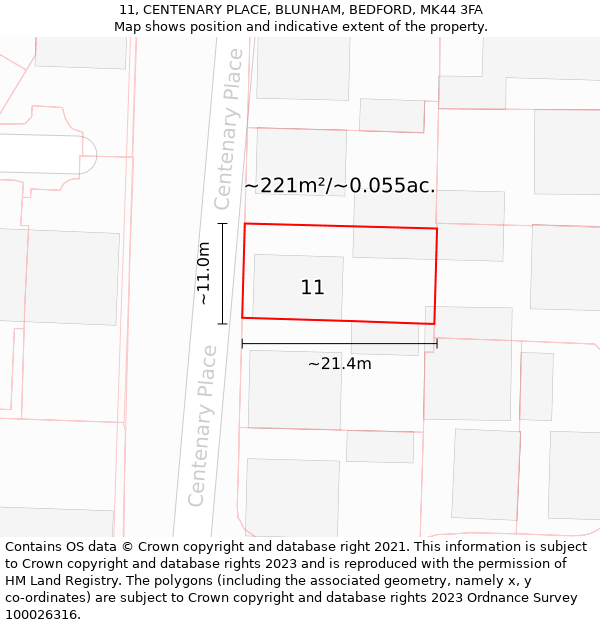 11, CENTENARY PLACE, BLUNHAM, BEDFORD, MK44 3FA: Plot and title map