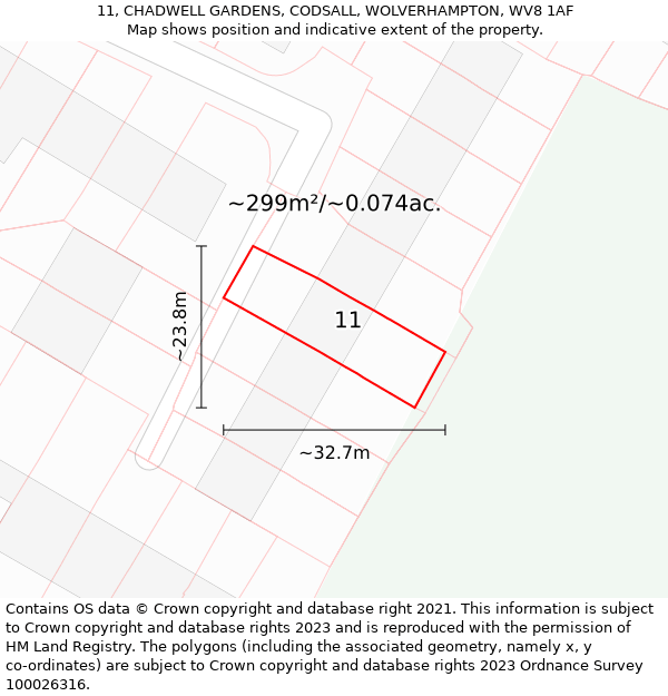 11, CHADWELL GARDENS, CODSALL, WOLVERHAMPTON, WV8 1AF: Plot and title map