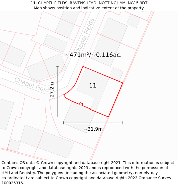 11, CHAPEL FIELDS, RAVENSHEAD, NOTTINGHAM, NG15 9DT: Plot and title map